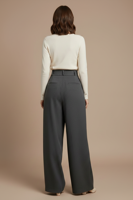 Pantalon Fluide Gris Ample Taille Haute Laine Femme - vue 2