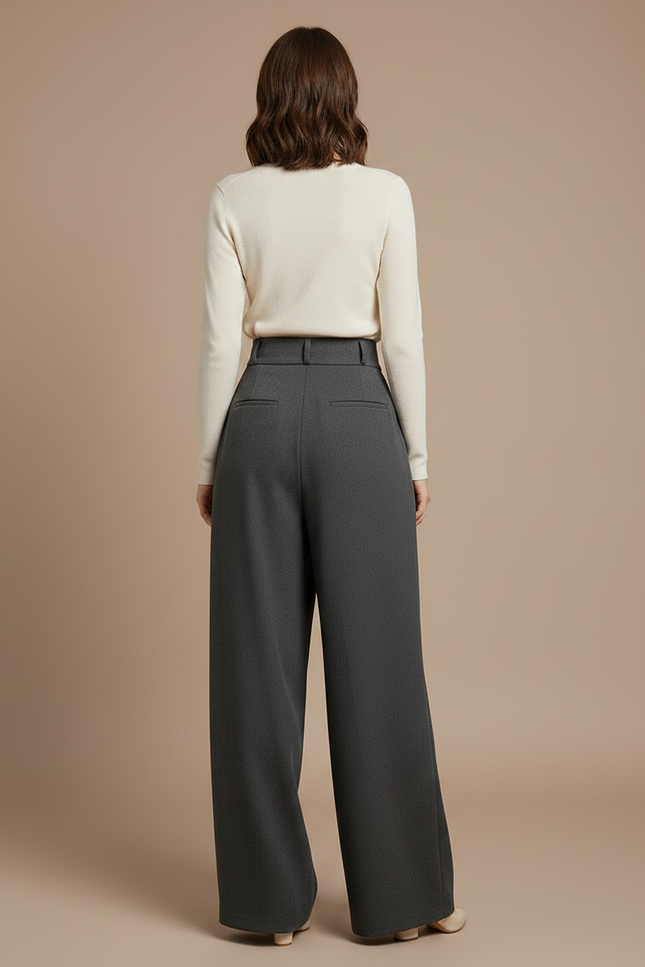 Pantalon Fluide Gris Ample Taille Haute Laine Femme - vue 2