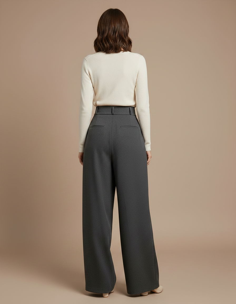 Pantalon Fluide Gris Ample Taille Haute Laine Femme - vue 2