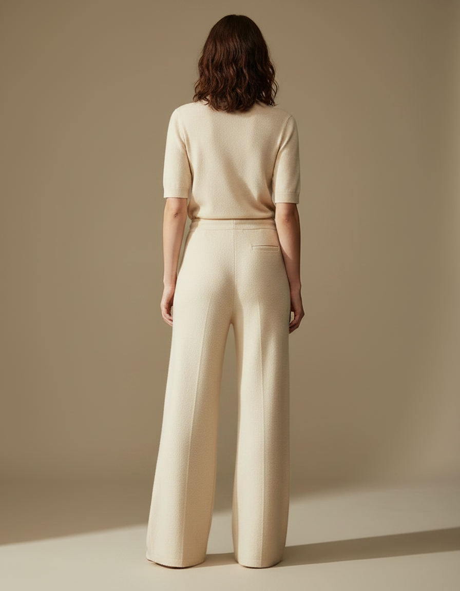 Pantalon Fluide Écru Maille Large Confortable Cordon - Beige - vue 2