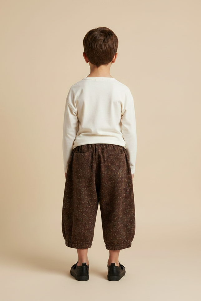 Pantalon Fluide Marron Fleuri Ample Coton Enfant Vintage - vue 2
