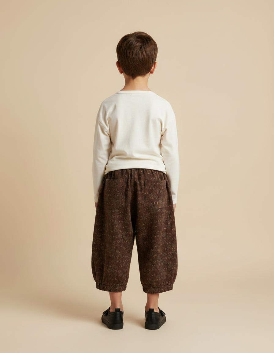 Pantalon Fluide Marron Fleuri Ample Coton Enfant Vintage - vue 2