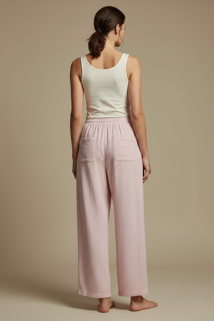 Pantalon Fluide Rose Ample Coton Décontracté Cordon - vue 2