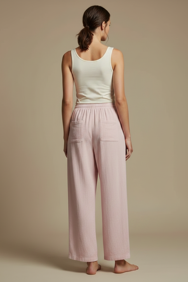 Pantalon Fluide Rose Ample Coton Décontracté Cordon - vue 2