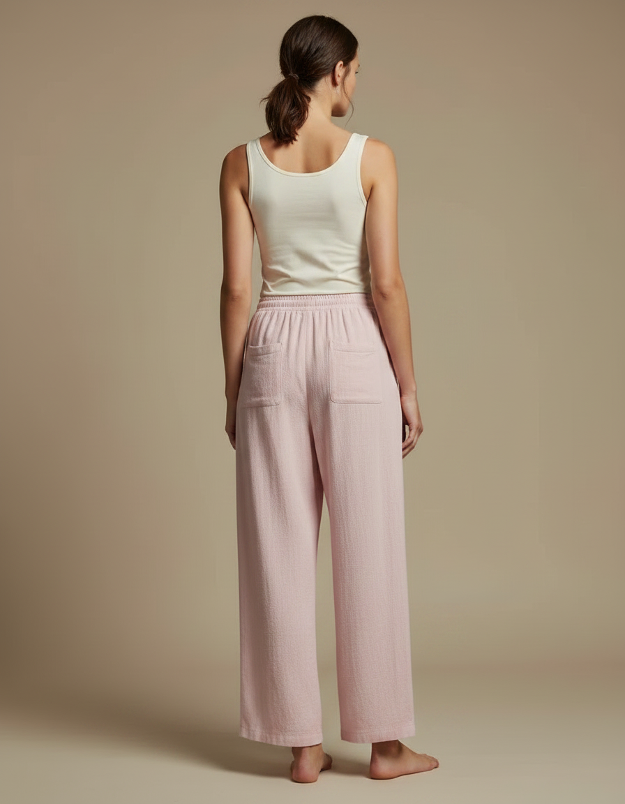 Pantalon Fluide Rose Ample Coton Décontracté Cordon - vue 2