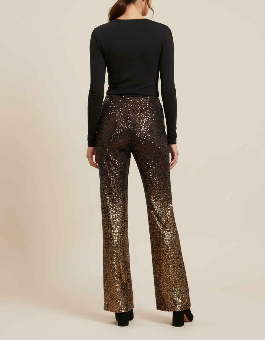 Pantalon Fluide Paillettes Ombré Évasé Élégant Chic - Doré Polyester - vue 2