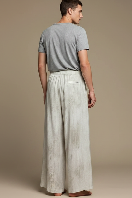 Pantalon Fluide Écru Ample Fendu Décontracté Homme - Beige Lin - vue 2