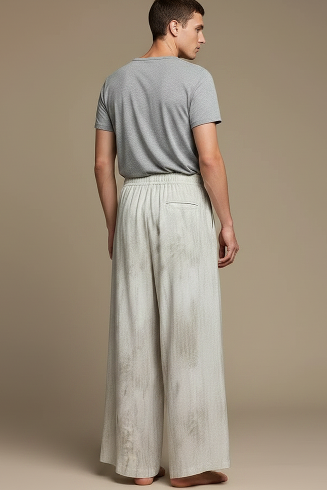 Pantalon Fluide Écru Ample Fendu Décontracté Homme - Beige Lin - vue 2