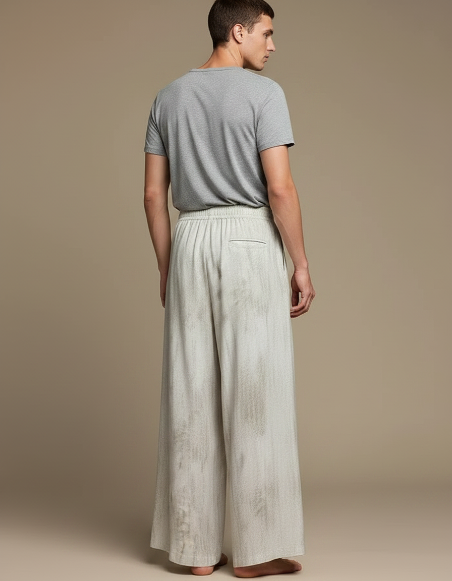 Pantalon Fluide Écru Ample Fendu Décontracté Homme - Beige Lin - vue 2