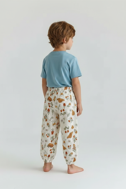 Pantalon Fluide Écru Imprimé Lapins Fleuris Ample Coton - Beige - vue 2