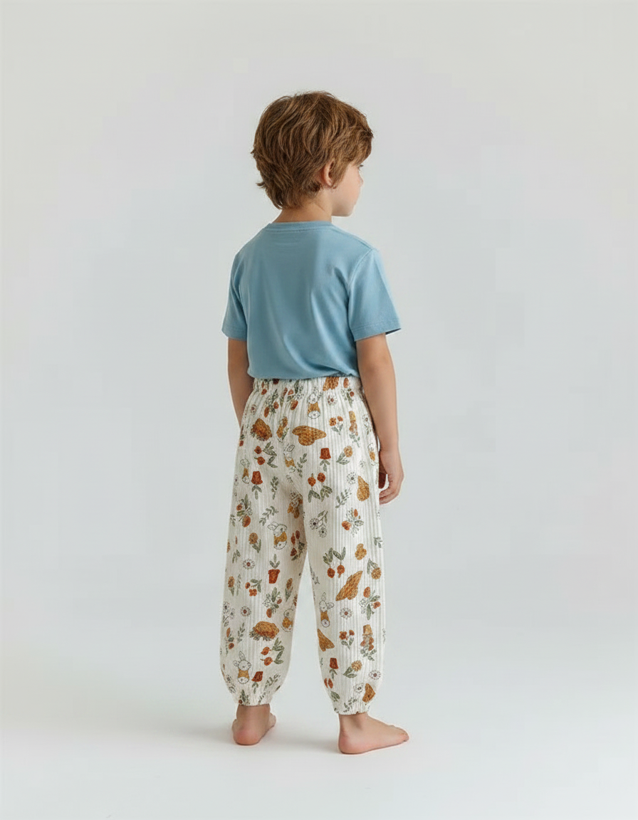 Pantalon Fluide Écru Imprimé Lapins Fleuris Ample Coton - Beige - vue 2