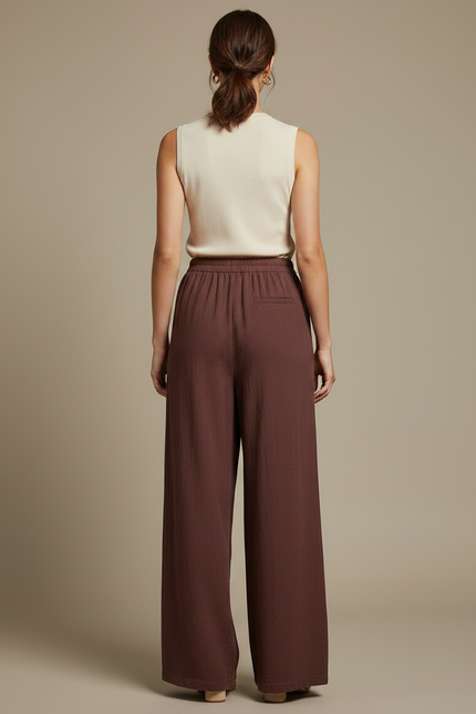 Pantalon Fluide Marron Ample Coton Confortable Décontracté - vue 2