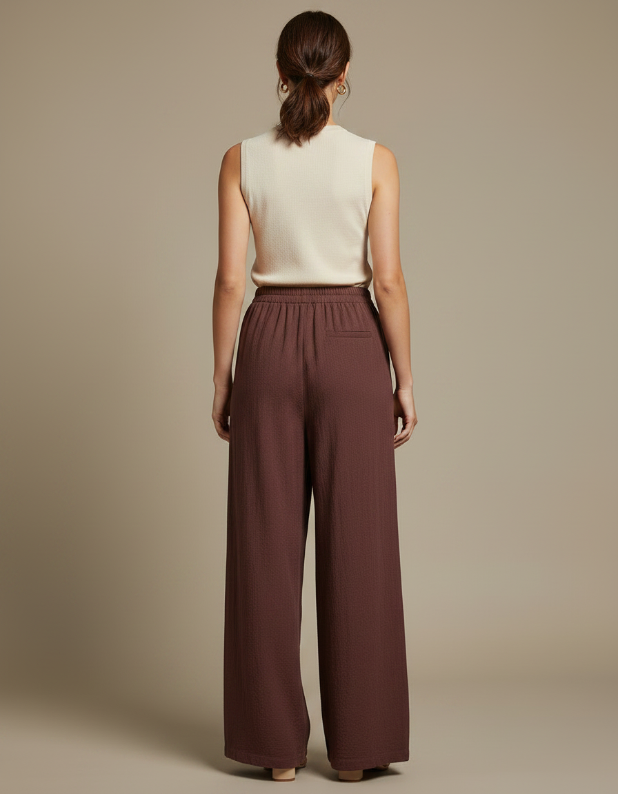 Pantalon Fluide Marron Ample Coton Confortable Décontracté - vue 2