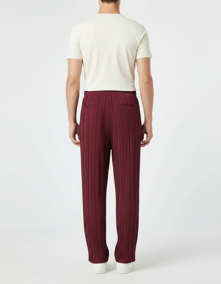 Pantalon Fluide Plissé Ample Bordeaux Homme Décontracté - Polyester - vue 2