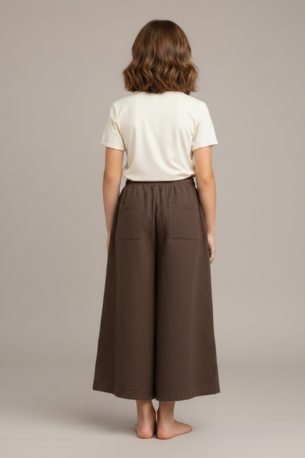 Pantalon Fluide Lin Marron Ample Décontracté Fille - vue 2