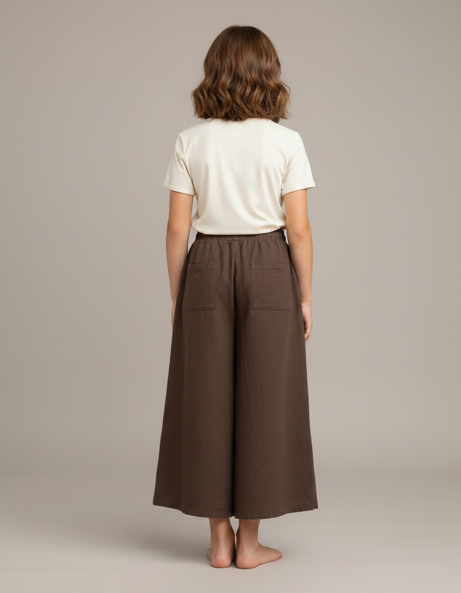 Pantalon Fluide Lin Marron Ample Décontracté Fille - vue 2