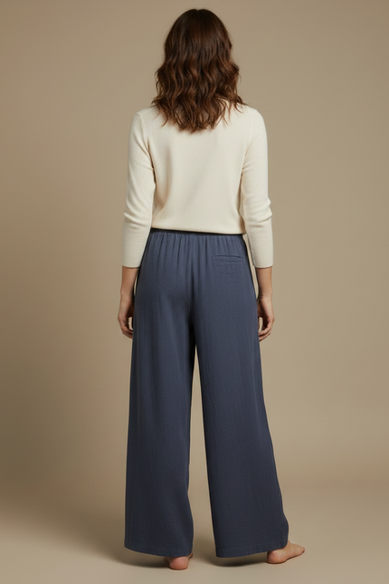 Pantalon Fluide Bleu Coton Ample Décontracté Cordon - vue 2