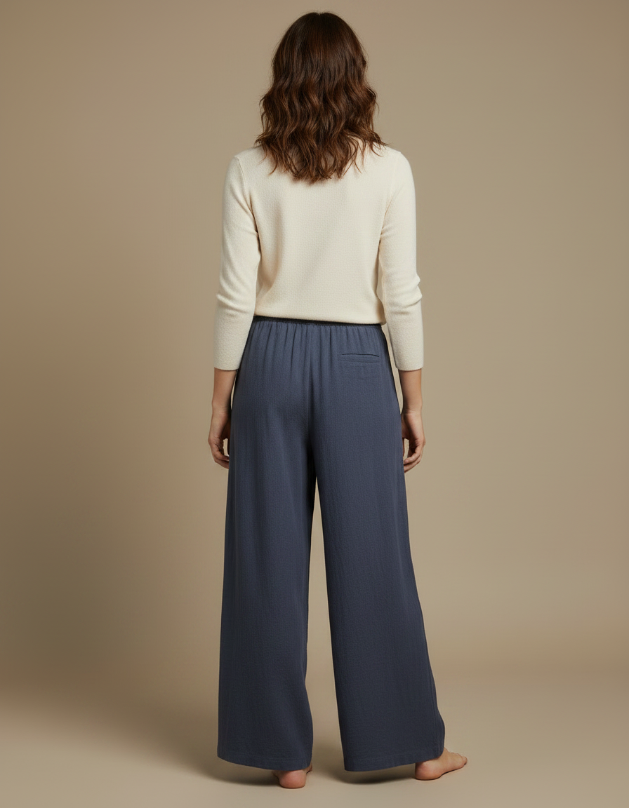 Pantalon Fluide Bleu Coton Ample Décontracté Cordon - vue 2
