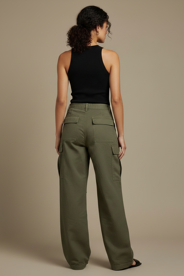 Pantalon Fluide Kaki Ample Cargo Coton Décontracté - vue 2