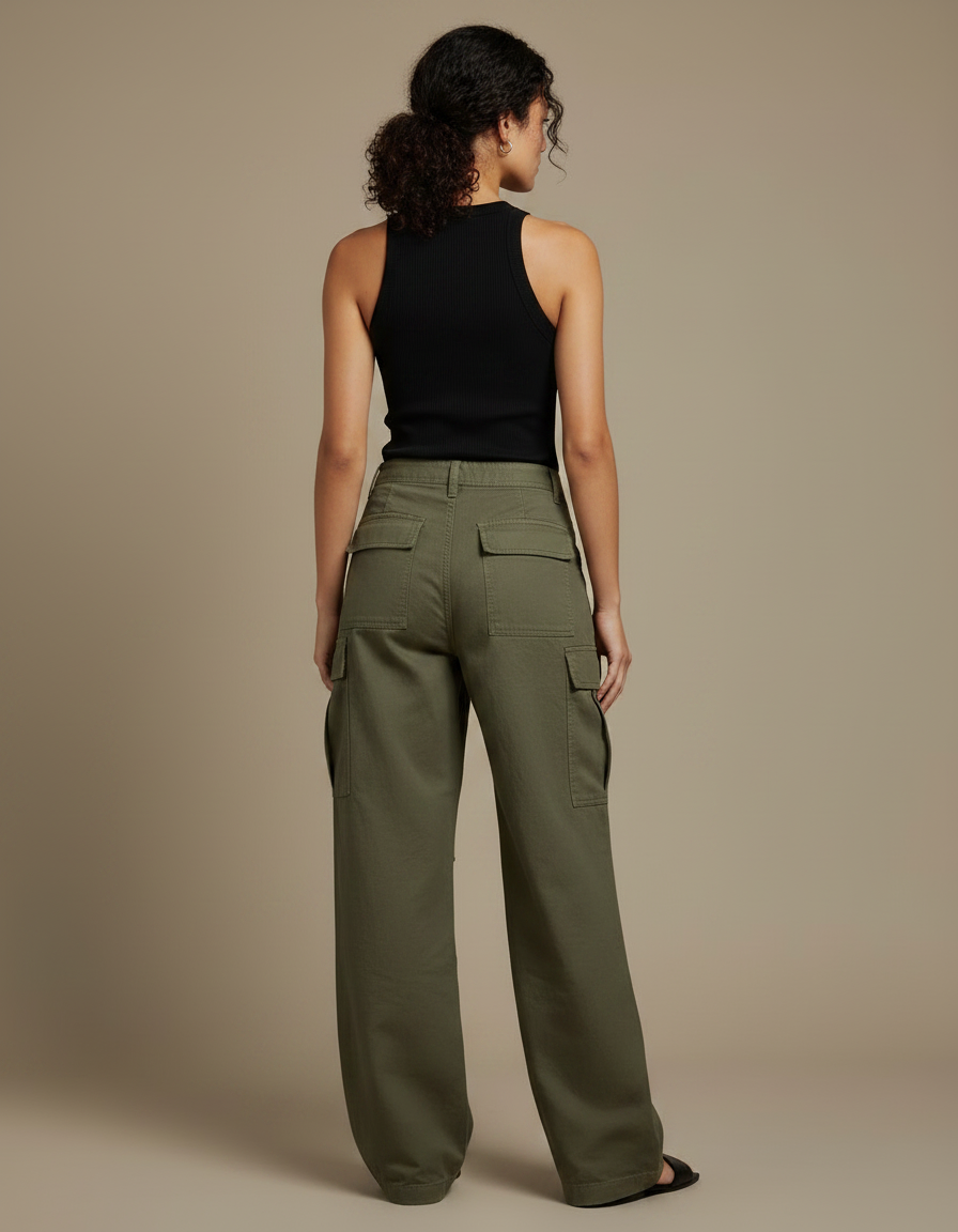 Pantalon Fluide Kaki Ample Cargo Coton Décontracté - vue 2