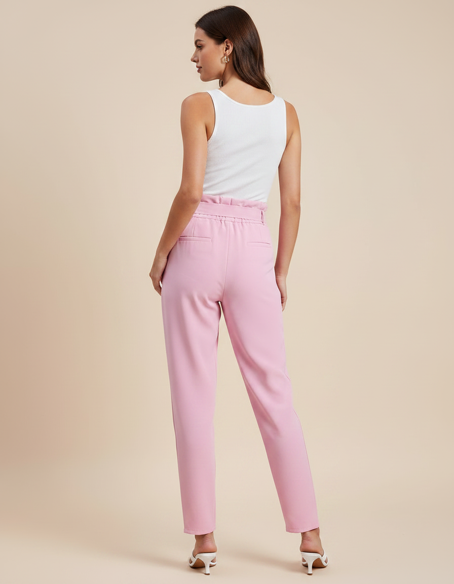 Pantalon Fluide Rose Taille Haute Ceinturé Élégant - Polyester - vue 2