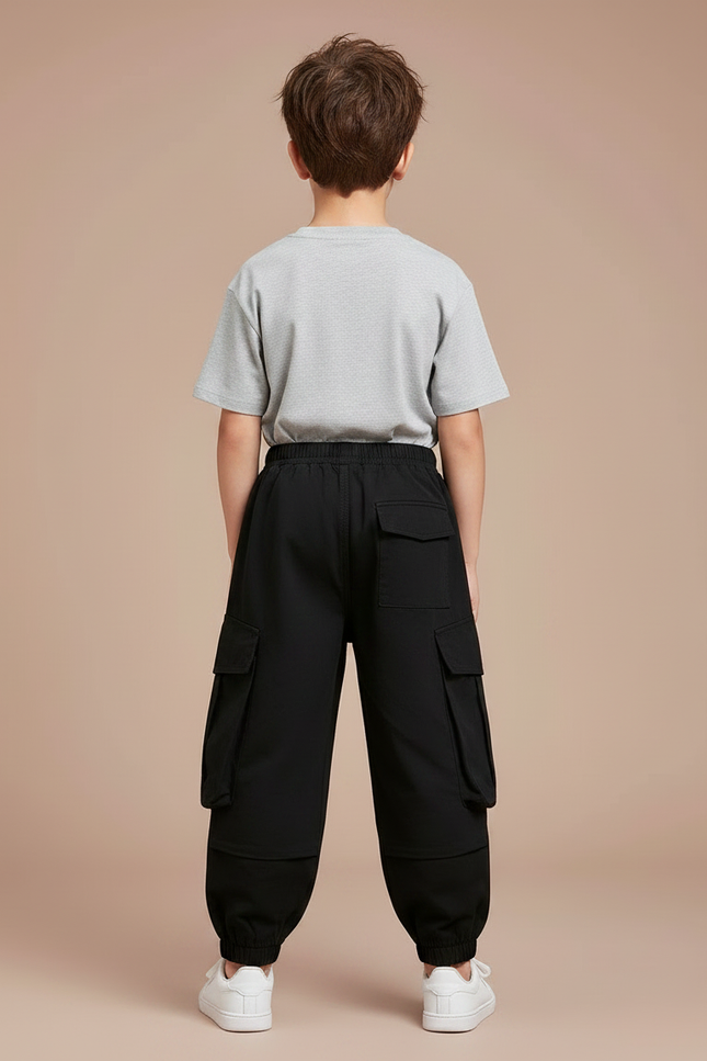 Pantalon Fluide Noir Cargo Coton Garçon Décontracté - vue 2