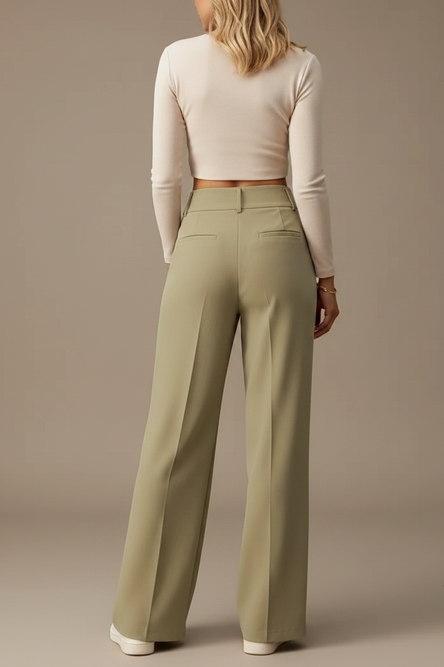Pantalon Fluide Vert Ample Taille Haute Élégant - Polyester - vue 2