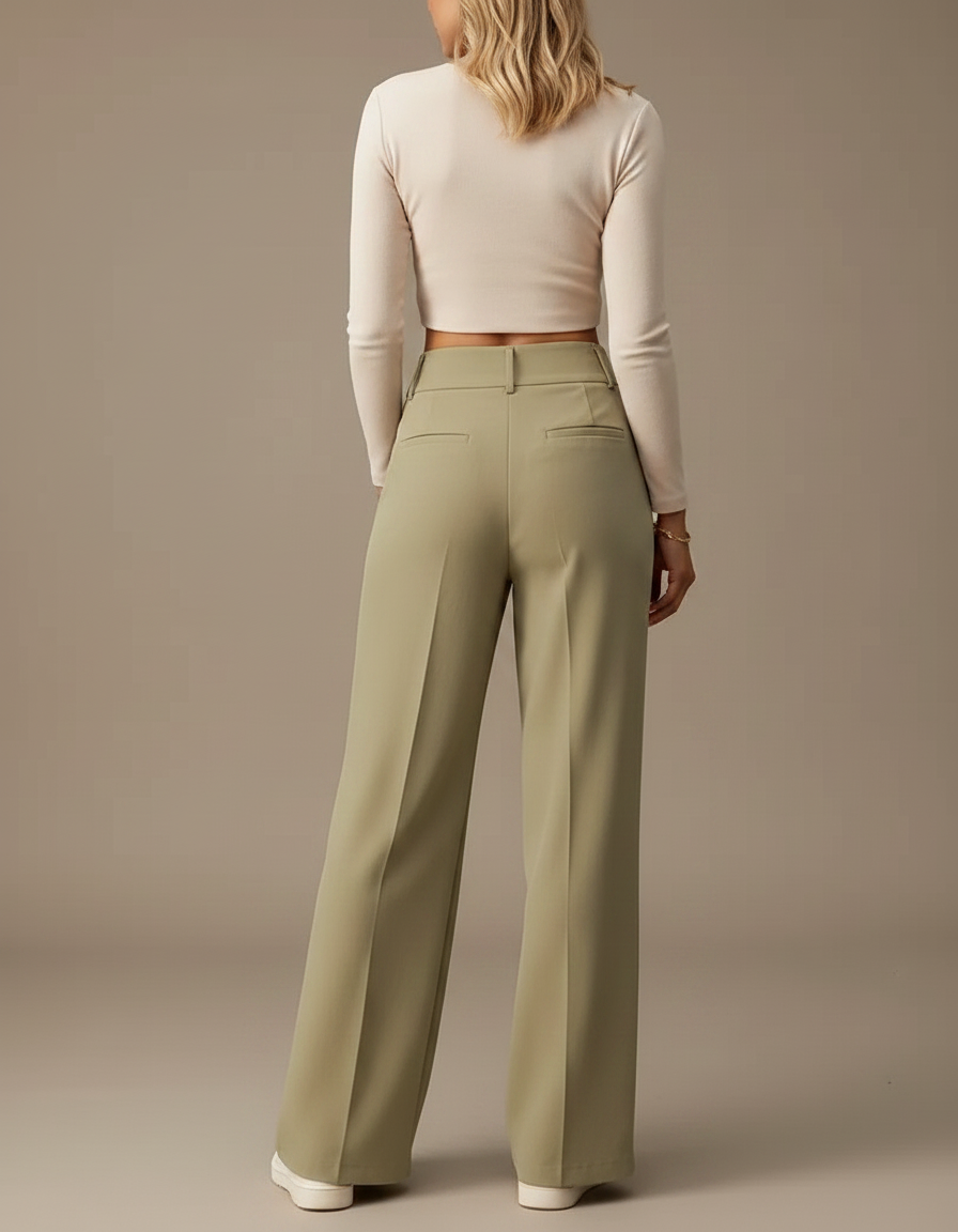Pantalon Fluide Vert Ample Taille Haute Élégant - Polyester - vue 2