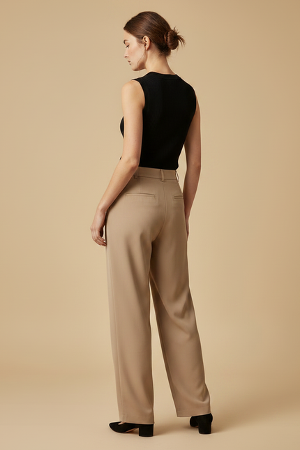Pantalon Fluide Beige Taille Haute Ample Décontracté - Polyester - vue 2