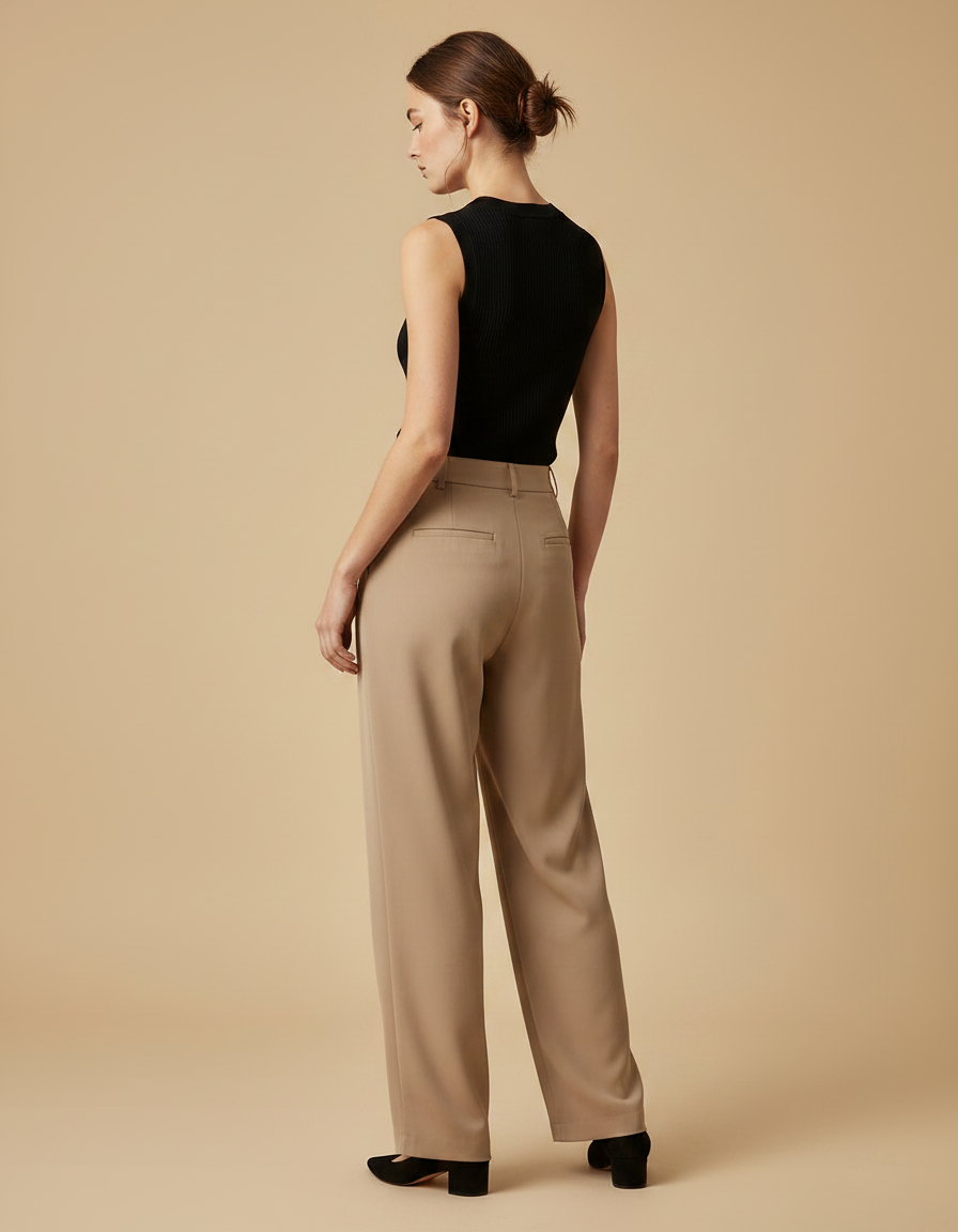 Pantalon Fluide Beige Taille Haute Ample Décontracté - Polyester - vue 2