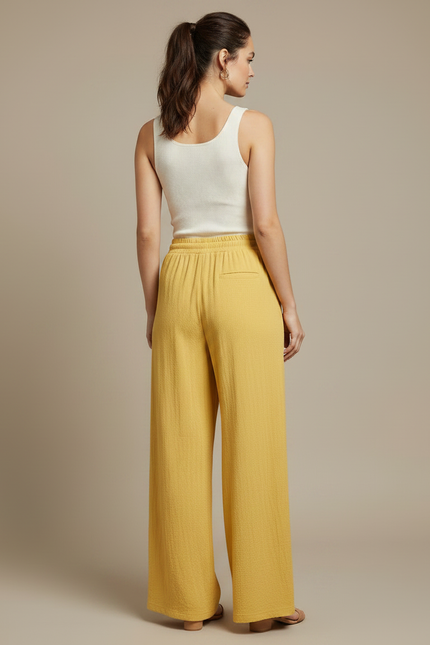 Pantalon Fluide Jaune Ample Coton Texturé Décontracté - vue 2