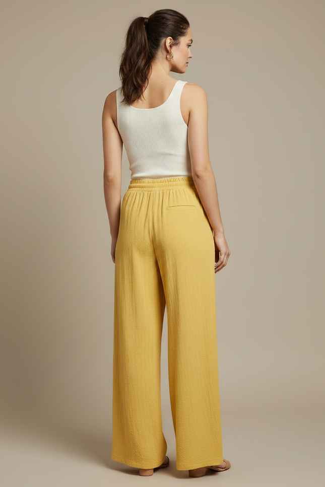 Pantalon Fluide Jaune Ample Coton Texturé Décontracté - vue 2