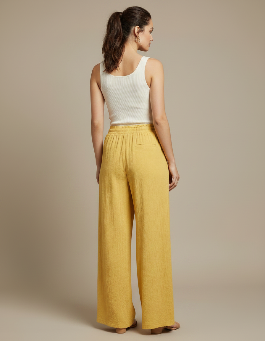 Pantalon Fluide Jaune Ample Coton Texturé Décontracté - vue 2