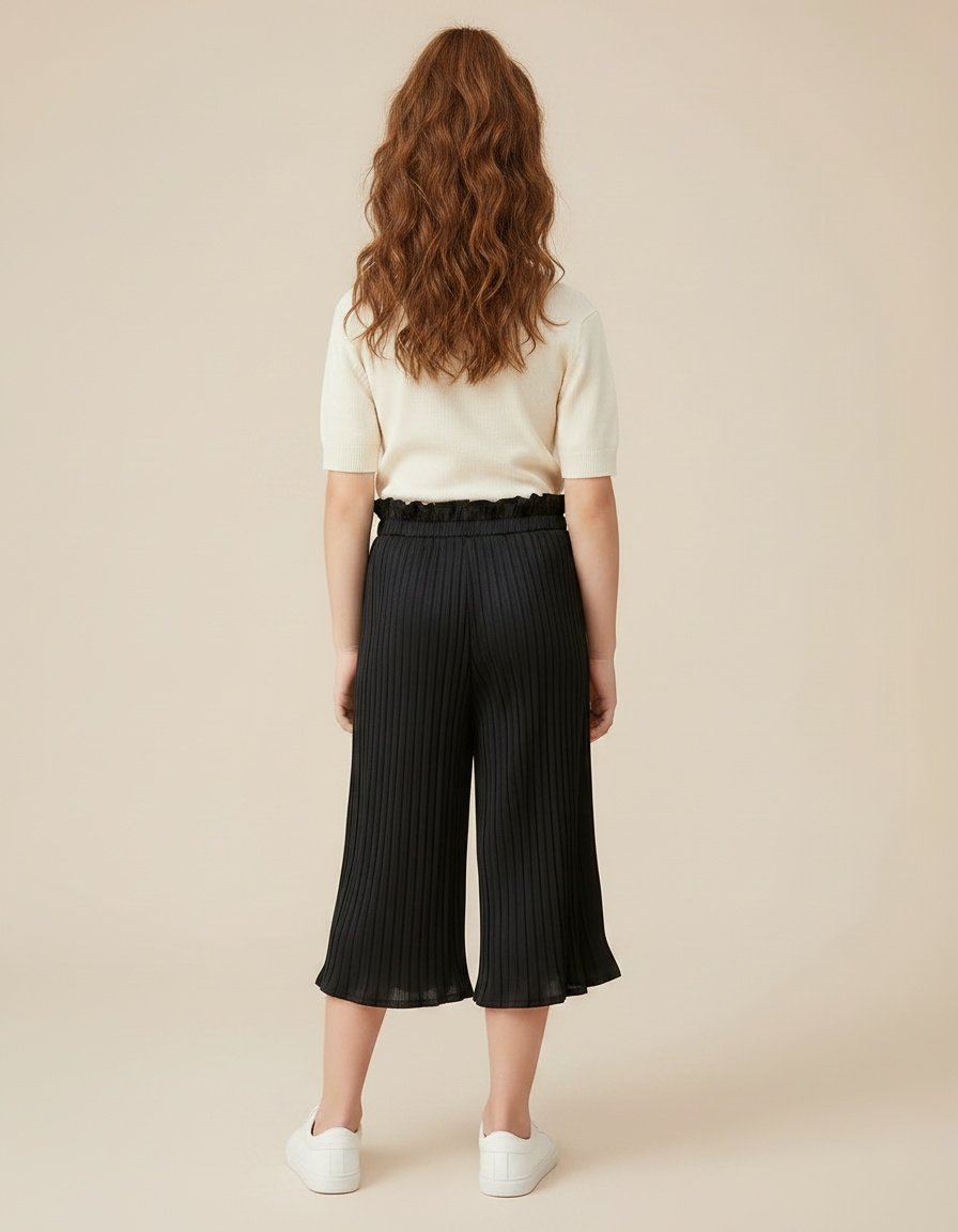 Pantalon Fluide Noir Plissé Élastique Fille Élégant - Polyester - vue 2