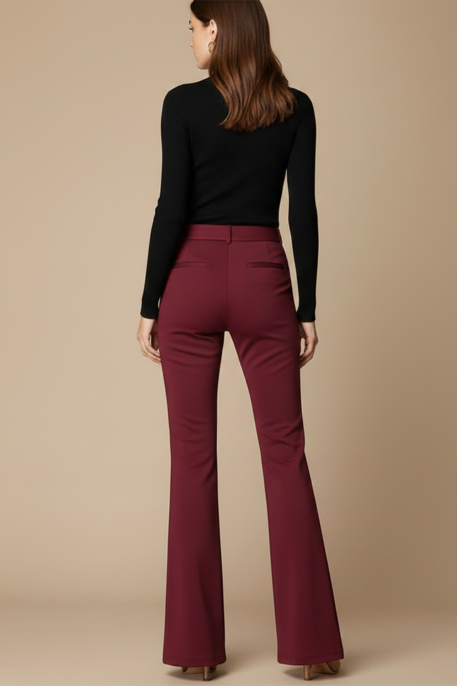 Pantalon Fluide Évasé Bordeaux Élégant Taille Haute Confortable - Polyester - vue 2