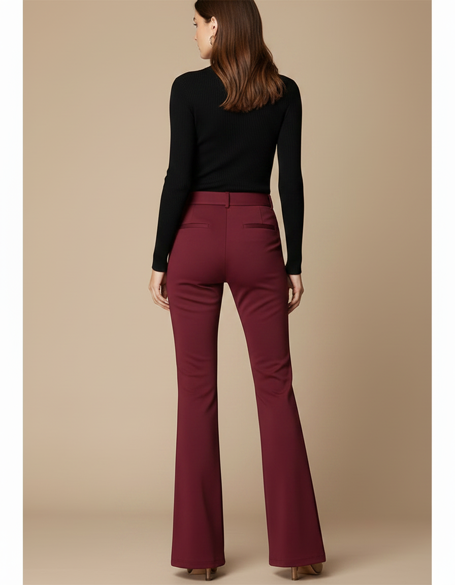 Pantalon Fluide Évasé Bordeaux Élégant Taille Haute Confortable - Polyester - vue 2