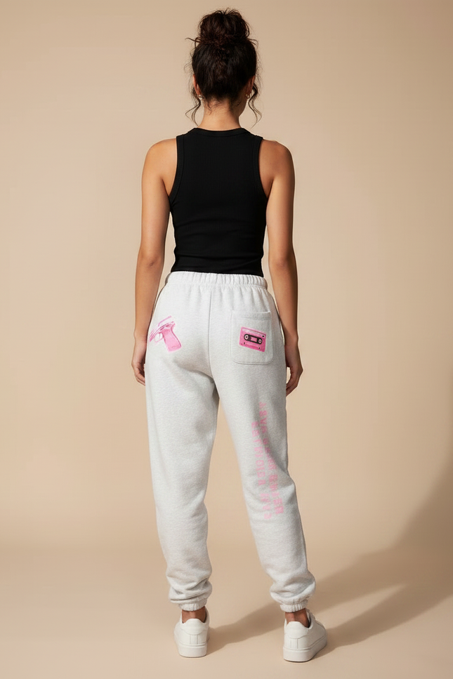 Pantalon Fluide Gris Ample Imprimé Rose Décontracté - Molleton - vue 2