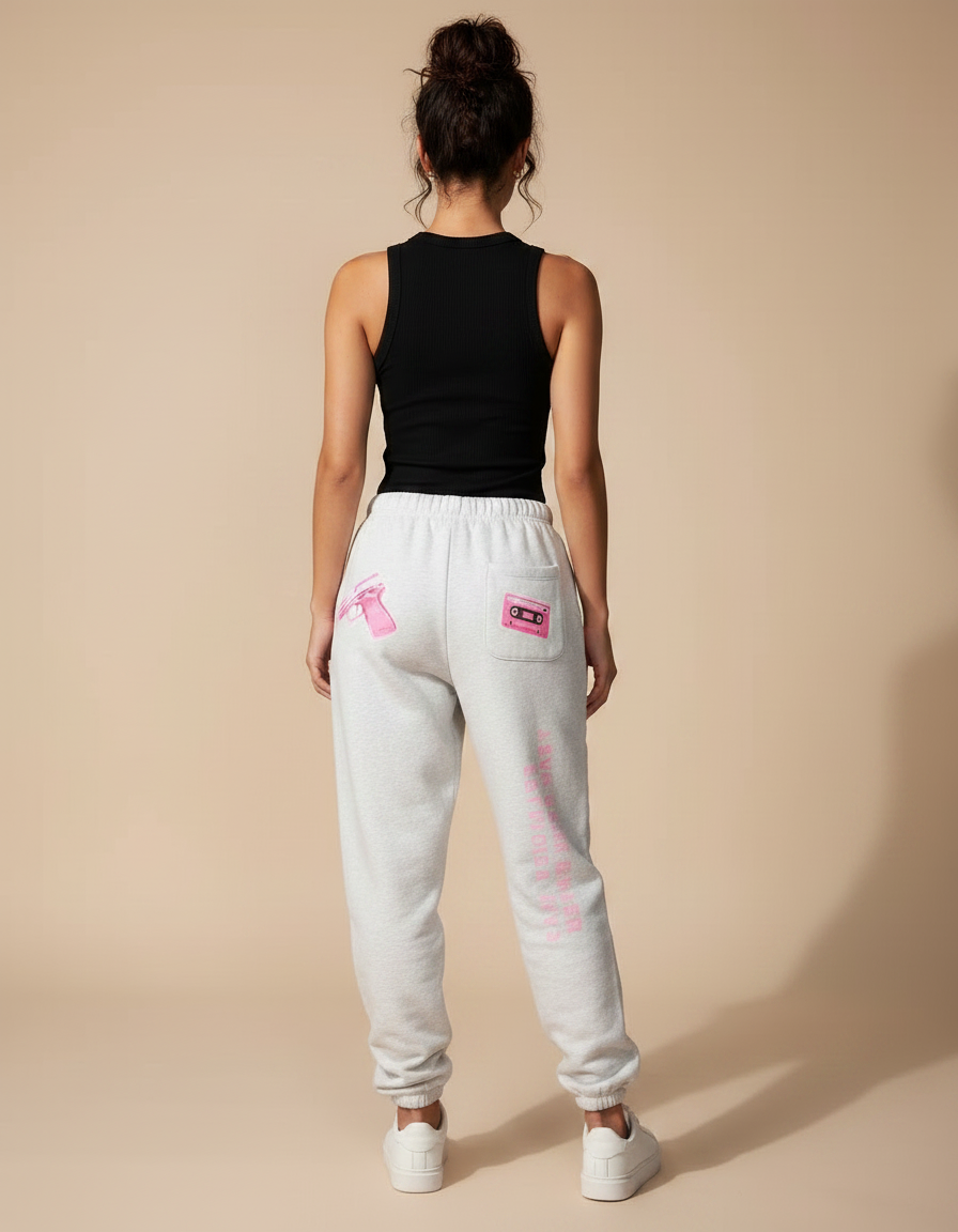 Pantalon Fluide Gris Ample Imprimé Rose Décontracté - Molleton - vue 2