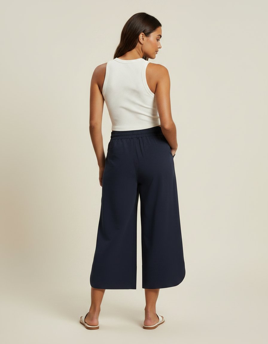 Pantalon Fluide Bleu Marine Ample Décontracté Léger Cordon - Viscose - vue 2