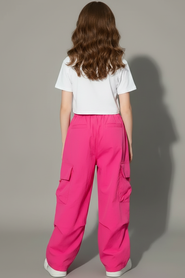Pantalon Fluide Rose Cargo Ample Streetwear Fille - Polyester - vue 2