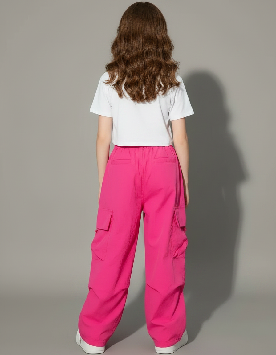 Pantalon Fluide Rose Cargo Ample Streetwear Fille - Polyester - vue 2
