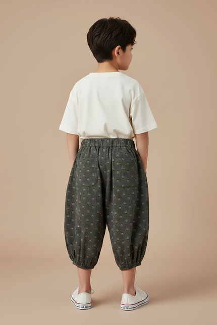 Pantalon Fluide Gris Coton Imprimé Floral Bouffant - vue 2