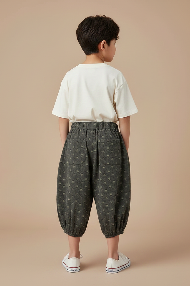 Pantalon Fluide Gris Coton Imprimé Floral Bouffant - vue 2