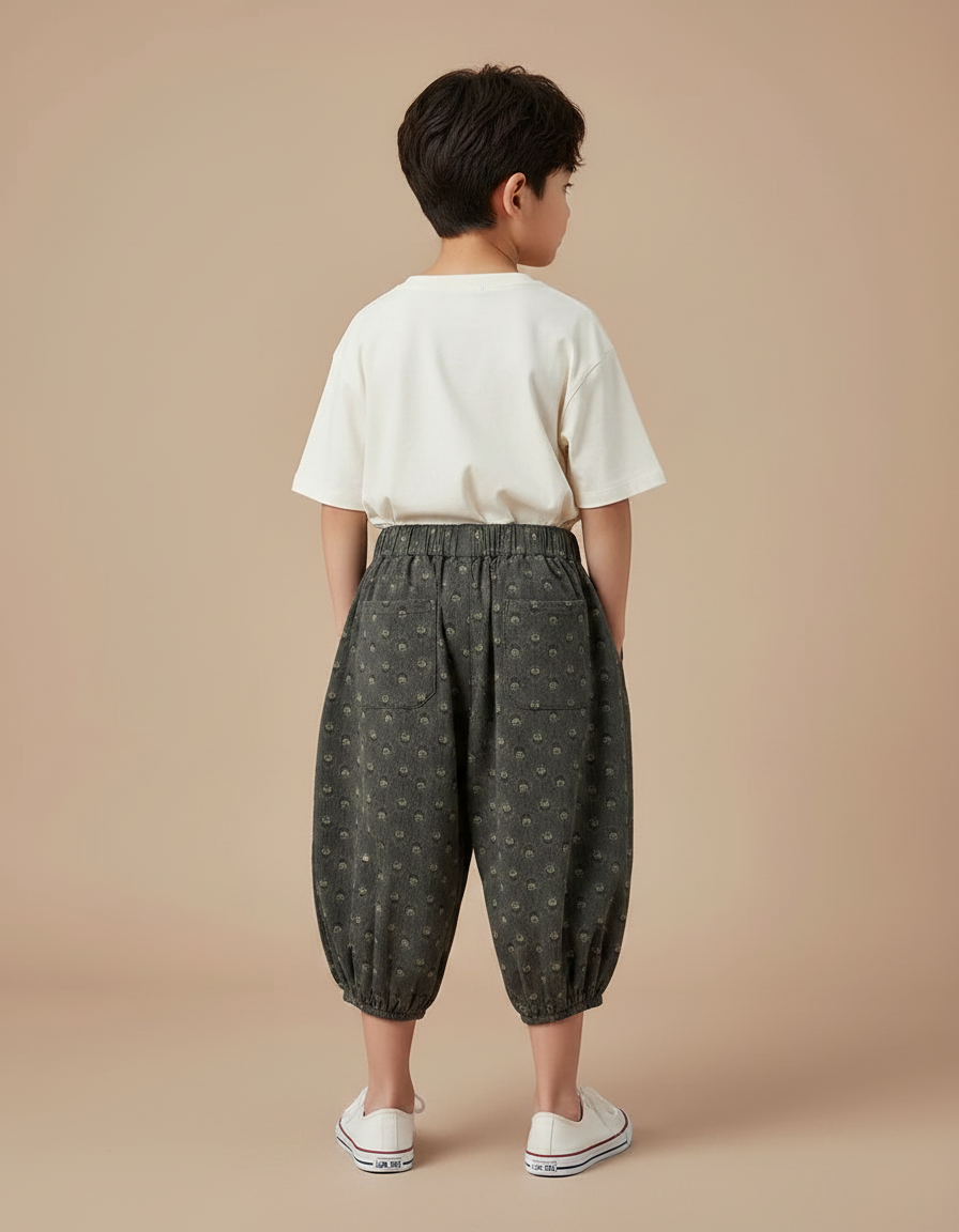 Pantalon Fluide Gris Coton Imprimé Floral Bouffant - vue 2