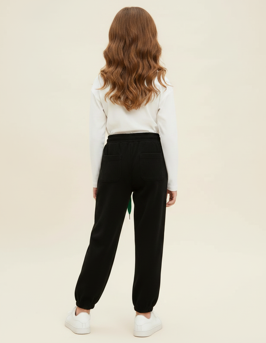 Pantalon Fluide Noir Côtelé Ample Décontracté Enfant - Cordé - vue 2