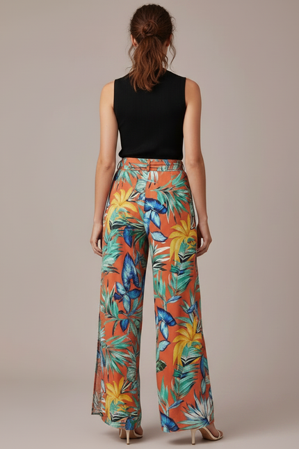 Pantalon Fluide Orange Imprimé Tropical Fendu Bohème - Viscose - vue 2