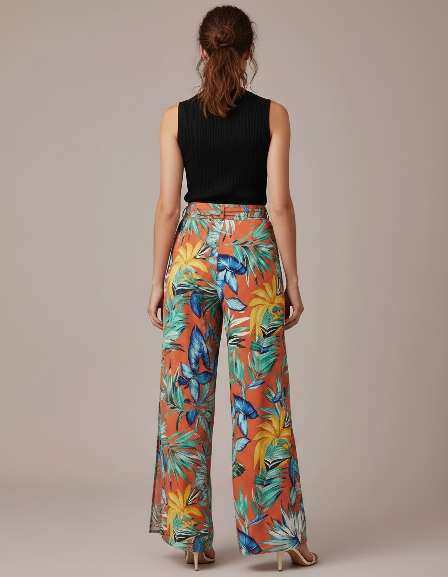 Pantalon Fluide Orange Imprimé Tropical Fendu Bohème - Viscose - vue 2