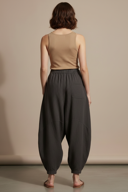 Pantalon Fluide Gris Coton Lin Ample Décontracté - vue 2