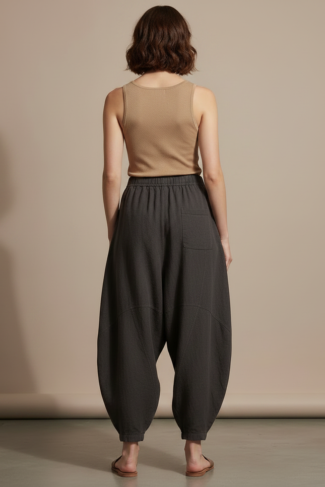 Pantalon Fluide Gris Coton Lin Ample Décontracté - vue 2