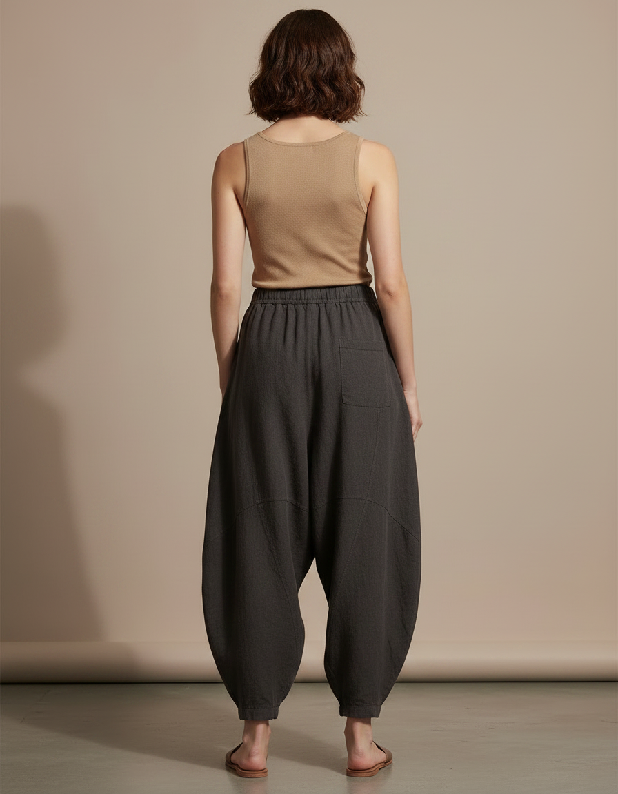 Pantalon Fluide Gris Coton Lin Ample Décontracté - vue 2